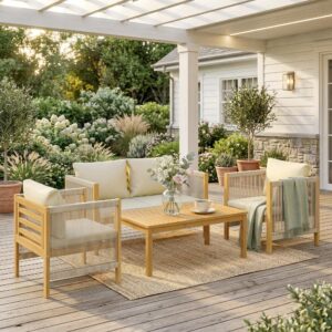 BALKONMÖBEL-SET 4er Set Akazienholz Polyester Beige Holz Outsunny Garten & Outdoor > Gartenmöbel > Gartenmöbel-Sets Beige