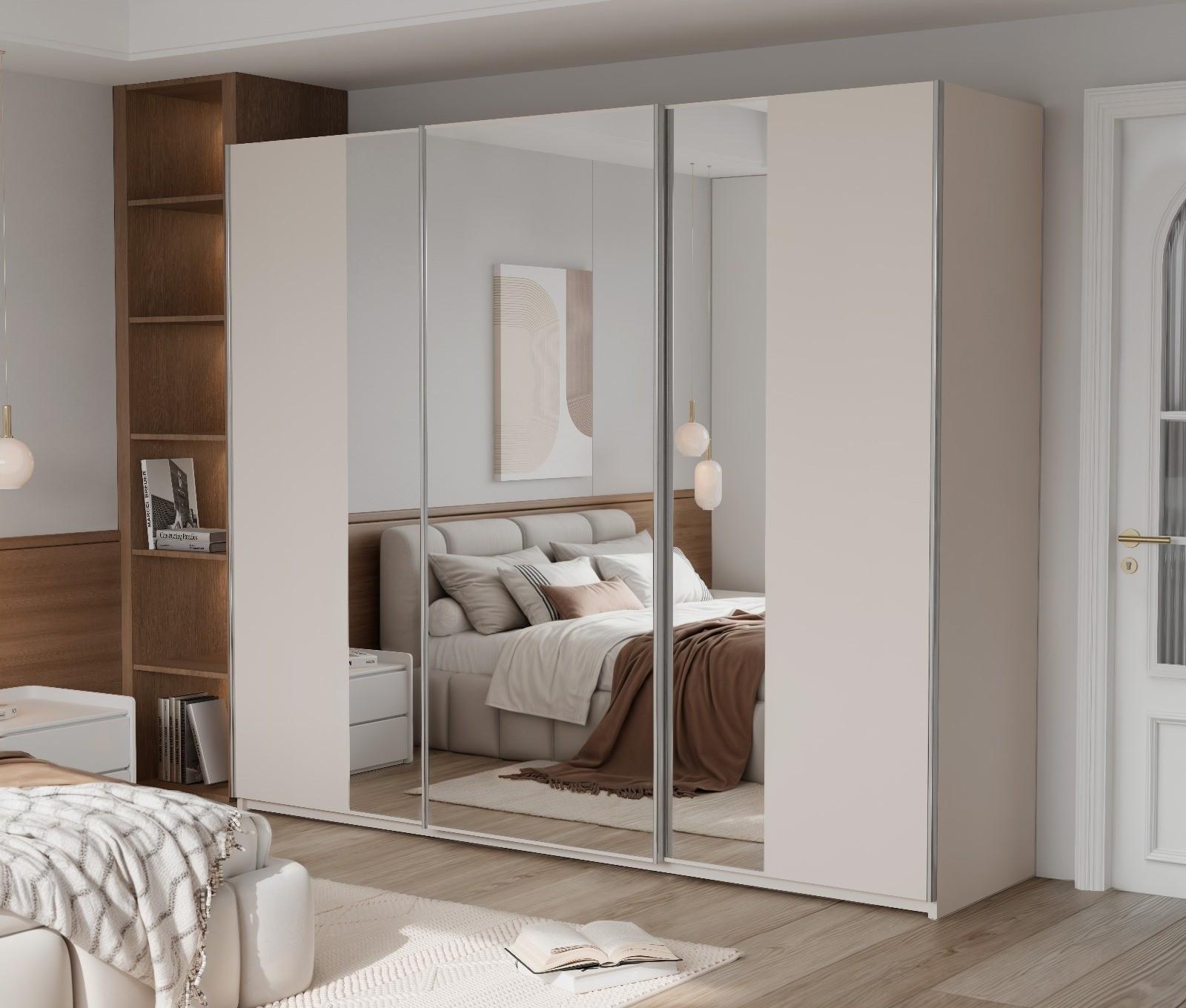 wohnli-moebel-suche-800001499866-1 SCHWEBETÜRENSCHRANK SAMIRA 250/210/65 cm 3-türig mit Spiegel Beige Holzwerkstoff MASSENO Möbel > Schränke > Kleiderschränke > Schwebetürenschränke Beige