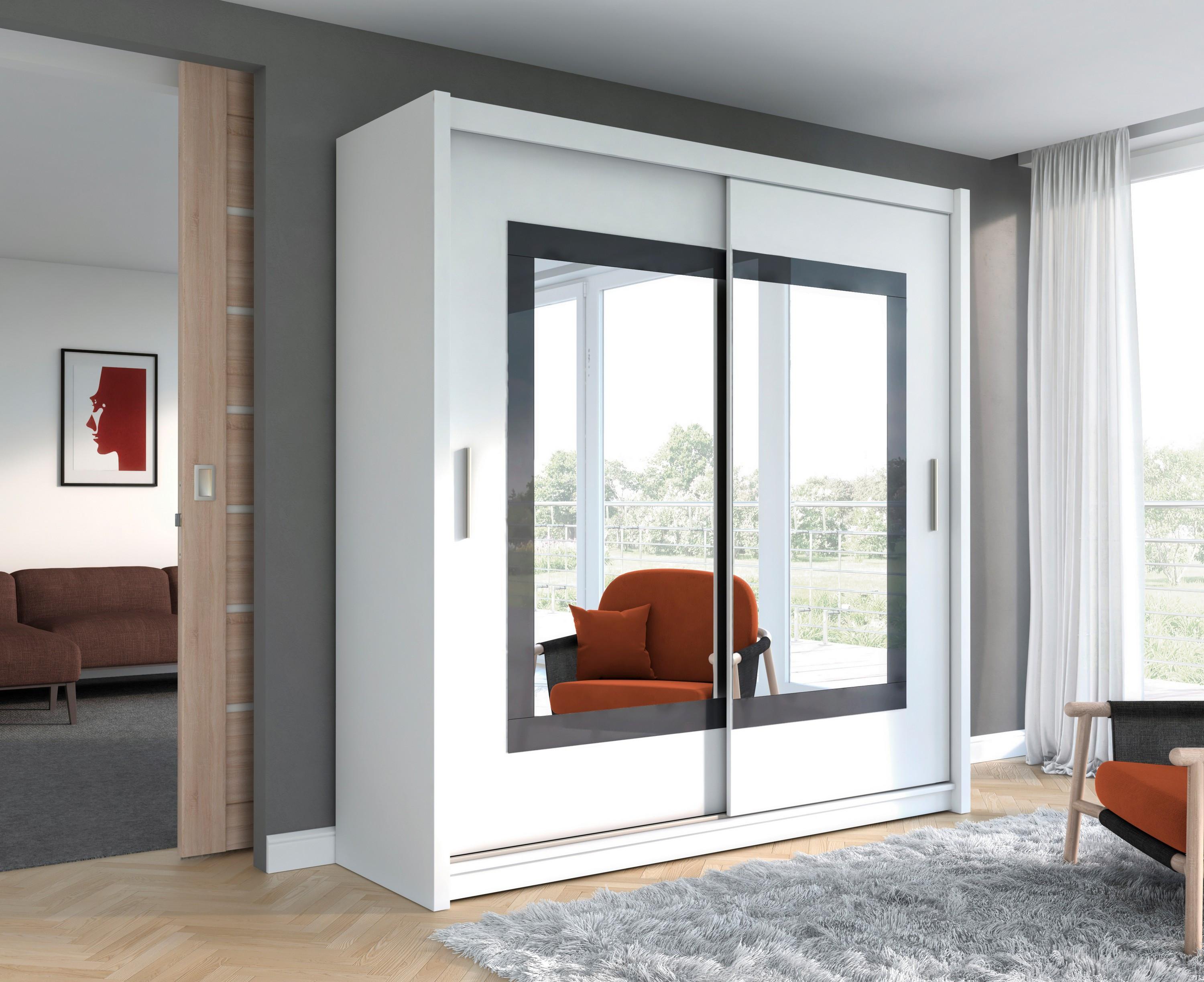 wohnli-moebel-suche-800001499870-1 SCHWEBETÜRENSCHRANK KENNEN 203/215/61 cm 2-türig mit Spiegel Weiß Holzwerkstoff MASSENO Möbel > Schränke > Kleiderschränke > Schwebetürenschränke Weiß