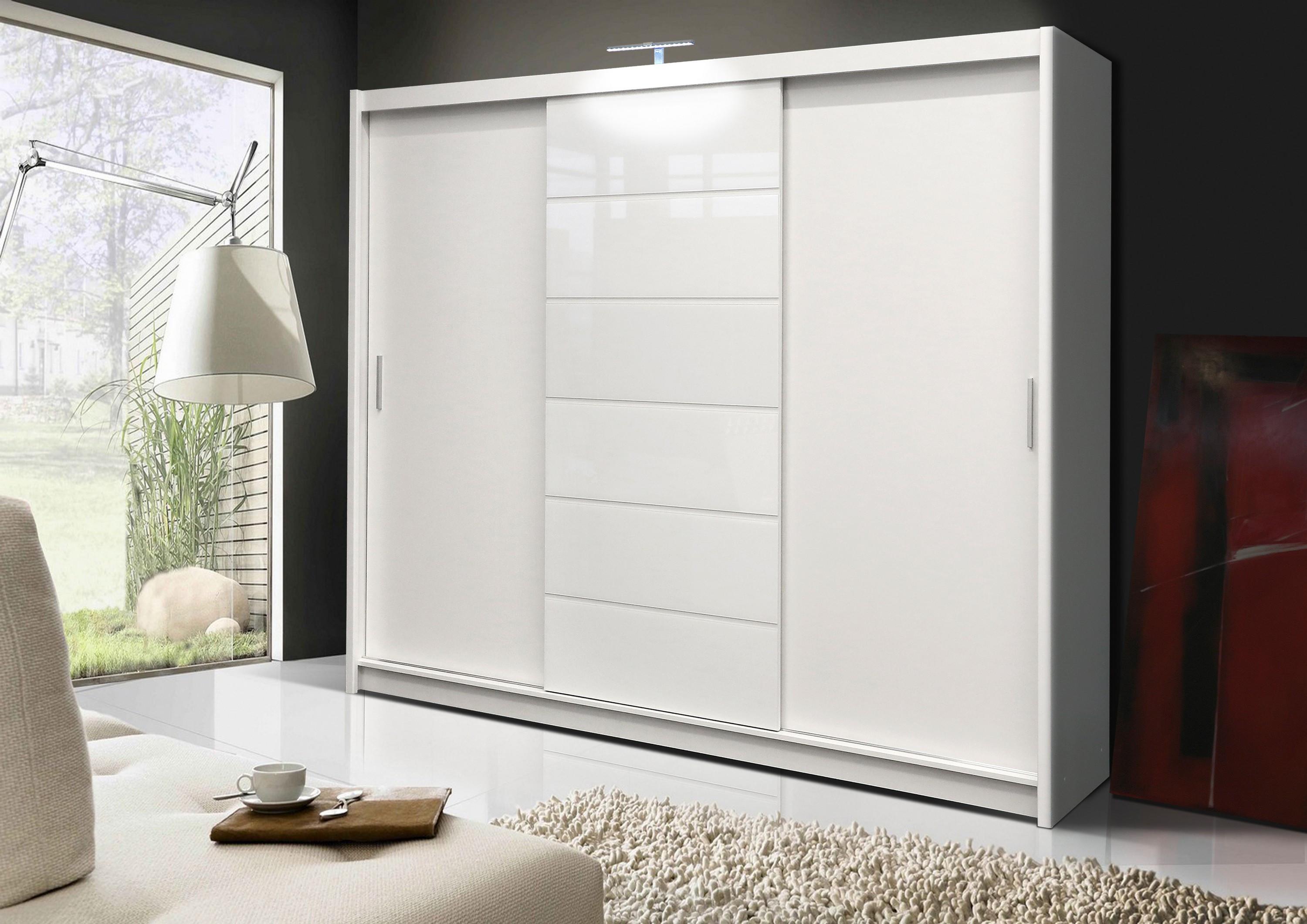 wohnli-moebel-suche-800001499873-1 SCHWEBETÜRENSCHRANK SHYVANA 250/215/61 cm 3-türig Weiß Holzwerkstoff MASSENO Möbel > Schränke > Kleiderschränke > Schwebetürenschränke Weiß