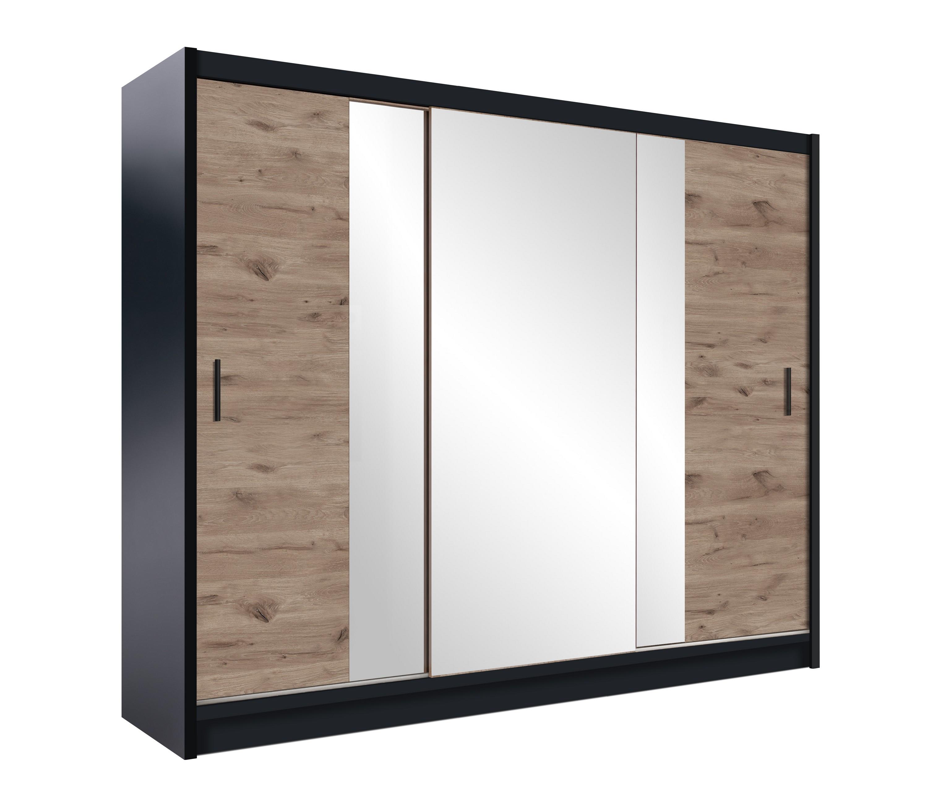 Wohnli Möbelsuche - SCHWEBETÜRENSCHRANK KAYLE 250/215/61 cm 3-türig mit Spiegel Schwarz