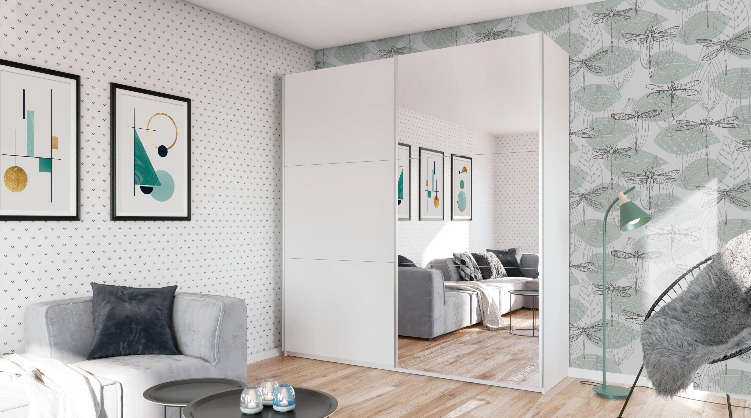 wohnli-moebel-suche-800001499895-1 SCHWEBETÜRENSCHRANK ORIANNA 225/244/65 cm 2-türig mit Spiegel Weiß Holzwerkstoff MASSENO Möbel > Schränke > Kleiderschränke > Schwebetürenschränke Weiß