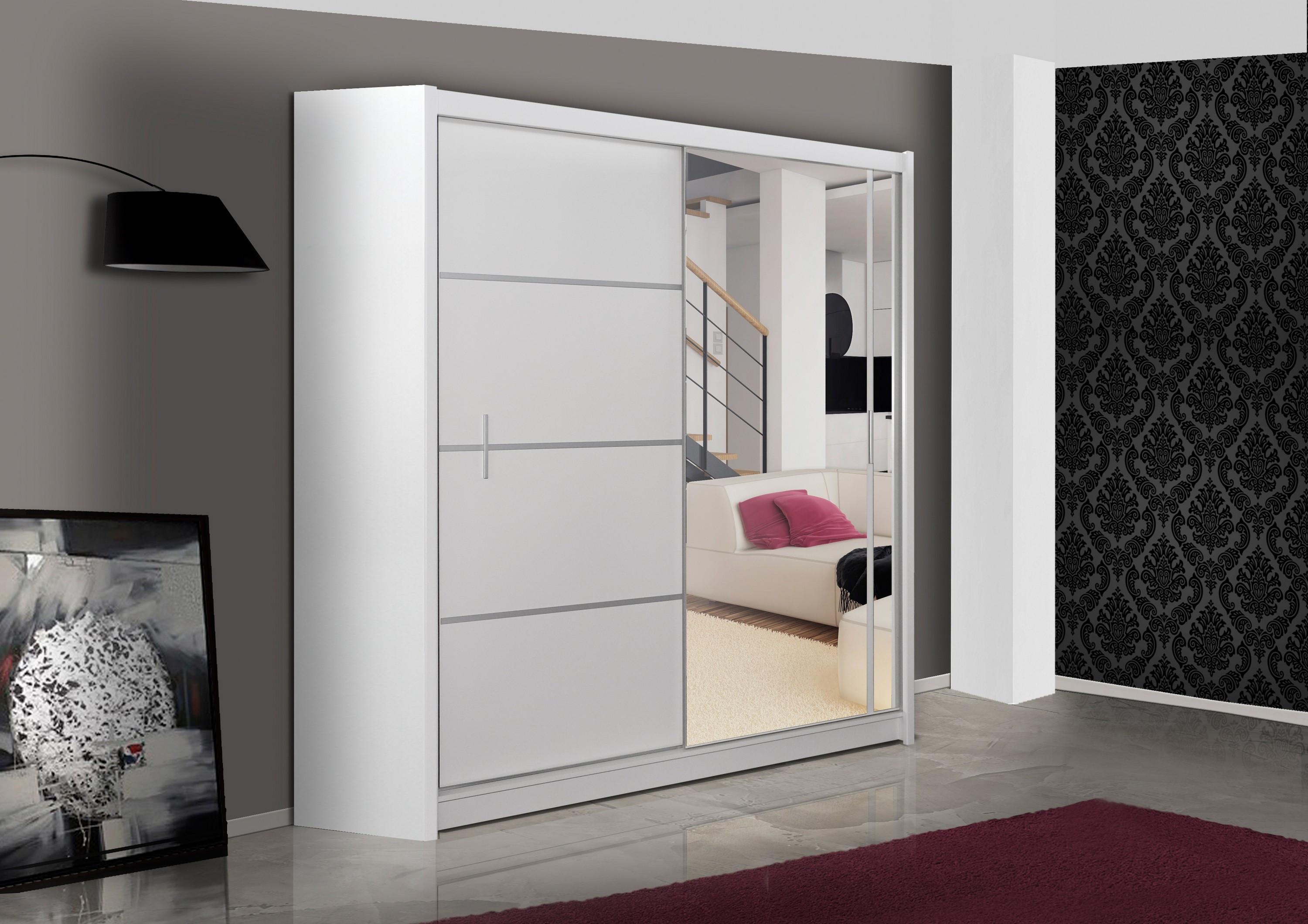 wohnli-moebel-suche-800001499898-1 SCHWEBETÜRENSCHRANK NASUS 203/215/61 cm 2-türig mit Spiegel Weiß Holzwerkstoff MASSENO Möbel > Schränke > Kleiderschränke > Schwebetürenschränke Weiß