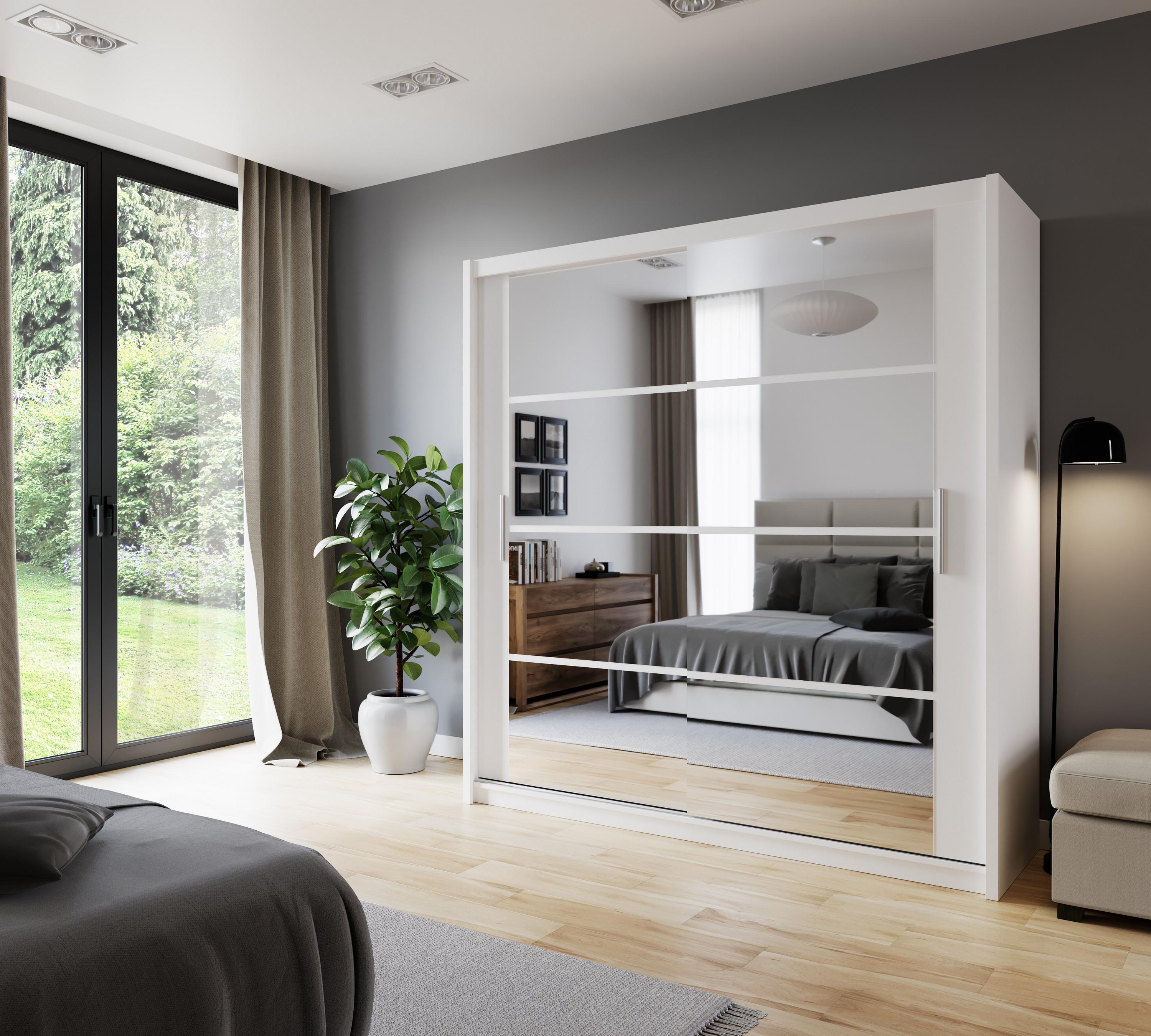 wohnli-moebel-suche-800001499903-1 SCHWEBETÜRENSCHRANK KAYN 160/215/61 cm 2-türig mit Spiegel Weiß Holzwerkstoff MASSENO Möbel > Schränke > Kleiderschränke > Schwebetürenschränke Weiß