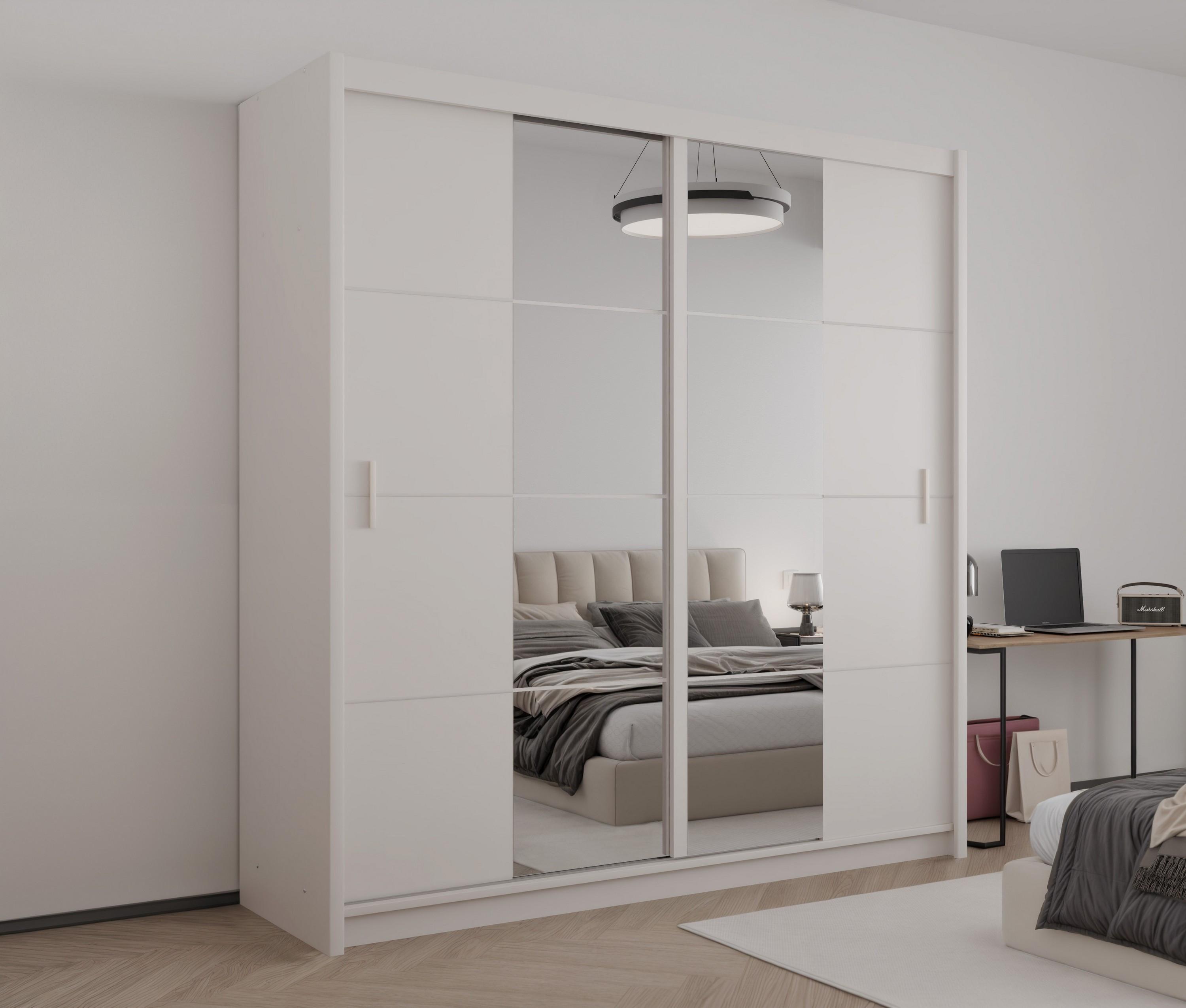 wohnli-moebel-suche-800001499914-1 SCHWEBETÜRENSCHRANK KARTHUS 203/215/61 cm 2-türig mit Spiegel Beige Holzwerkstoff MASSENO Möbel > Schränke > Kleiderschränke > Schwebetürenschränke Beige