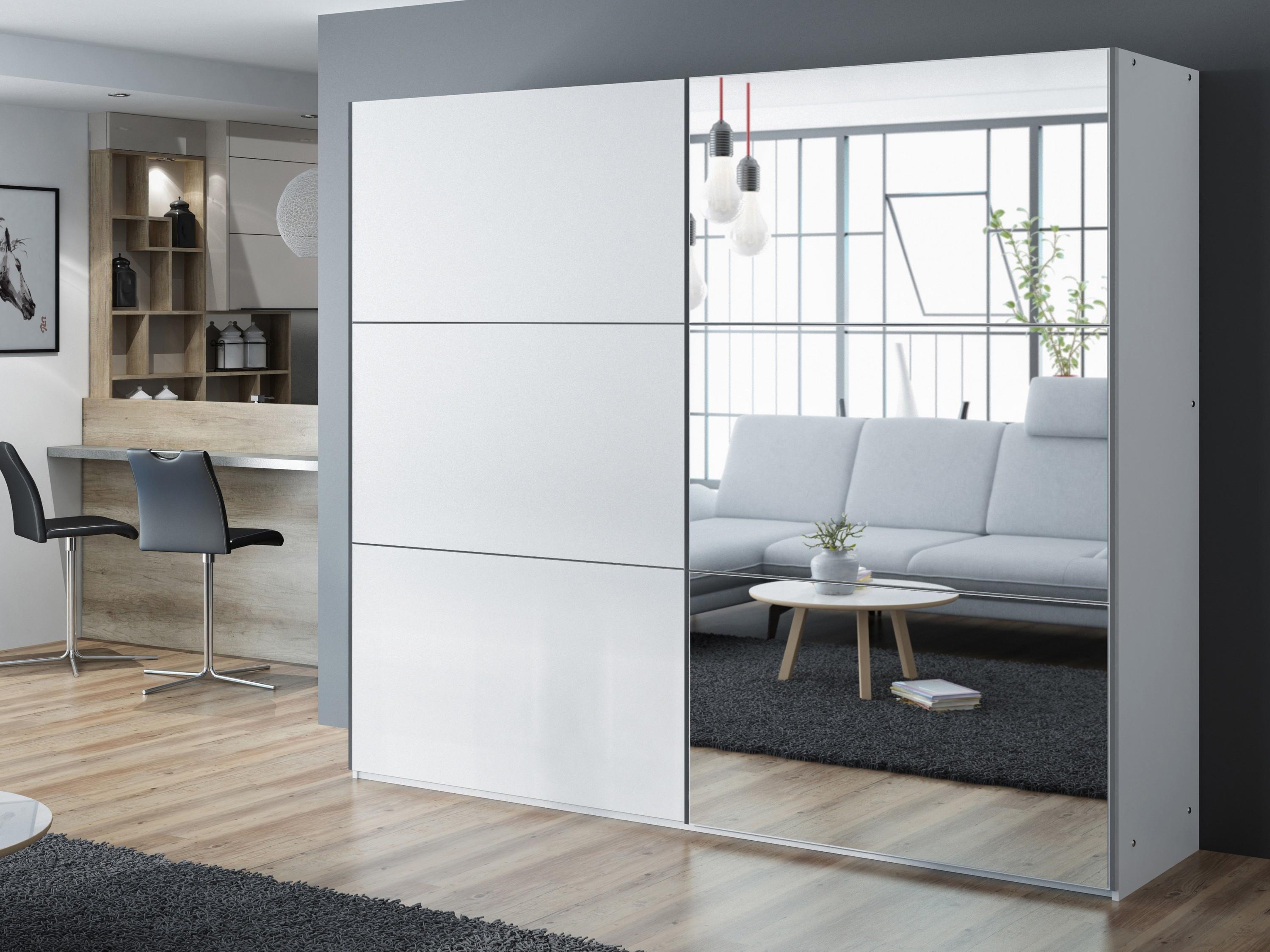 wohnli-moebel-suche-800001499934-1 SCHWEBETÜRENSCHRANK IVERN 250/215/65 cm 2-türig mit Spiegel Weiß Holzwerkstoff MASSENO Möbel > Schränke > Kleiderschränke > Schwebetürenschränke Weiß