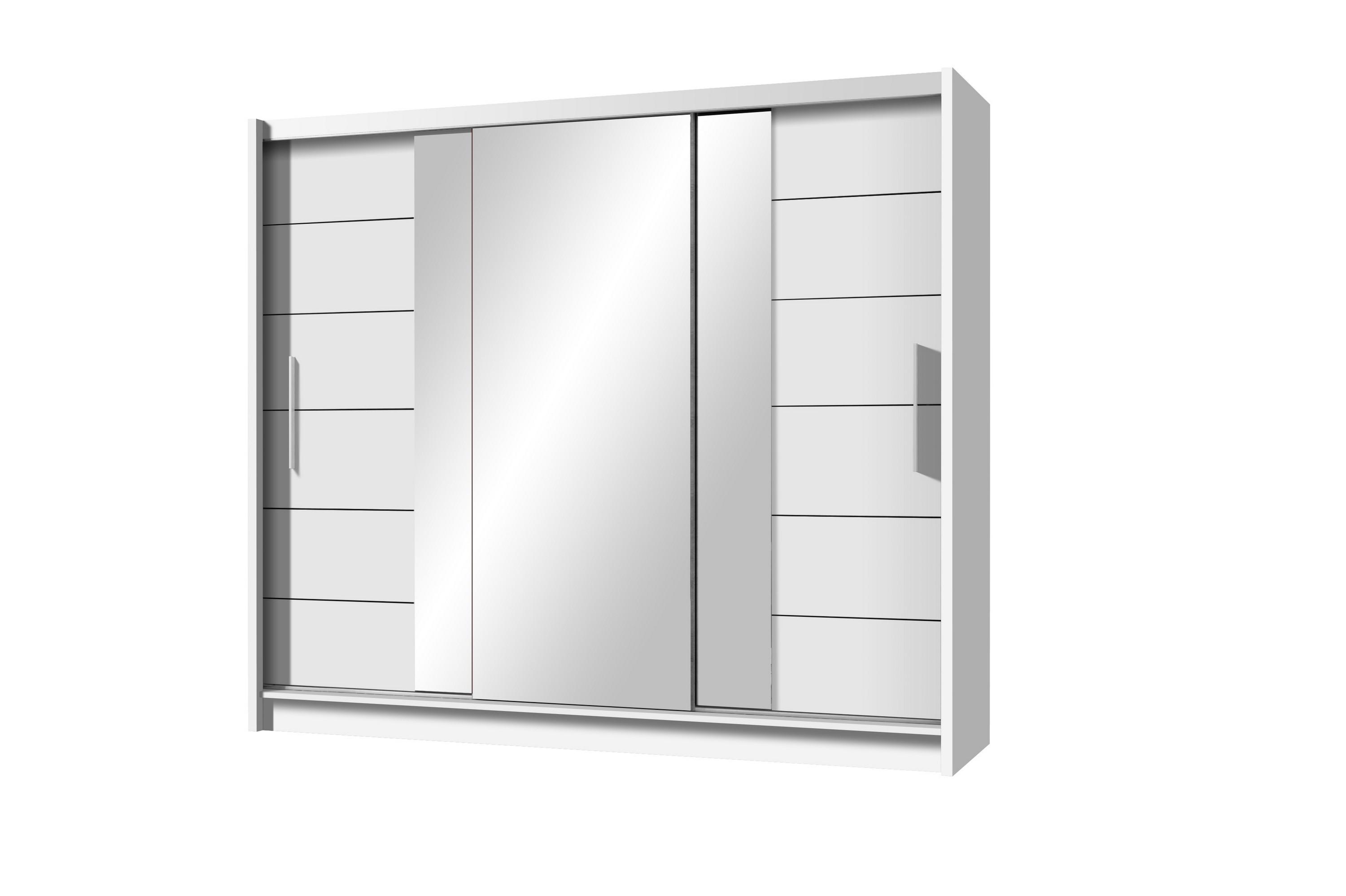 Wohnli Möbelsuche - SCHWEBETÜRENSCHRANK KAYLE 250/215/61 cm 3-türig mit Spiegel Weiß