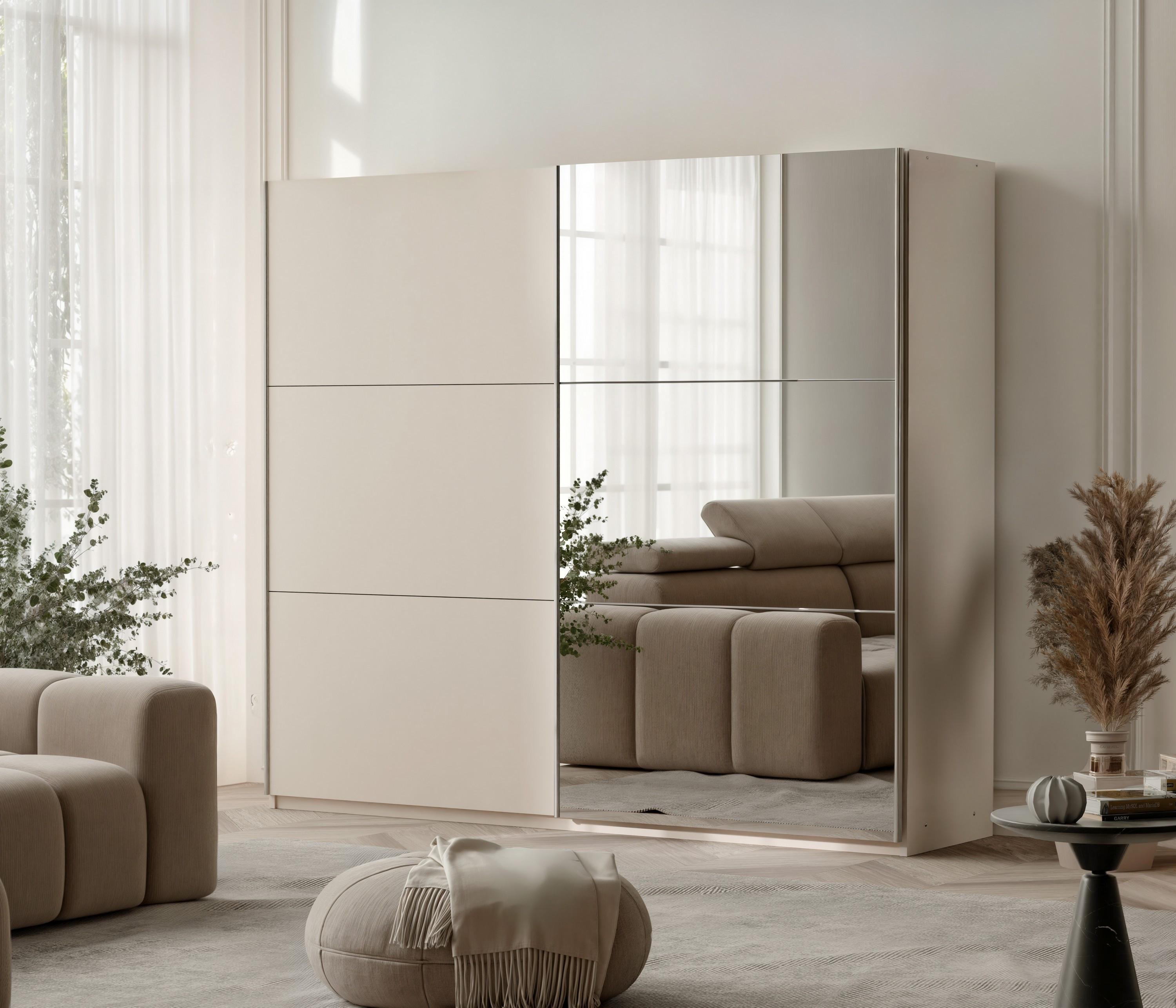 wohnli-moebel-suche-800001499957-1 SCHWEBETÜRENSCHRANK IVERN 200/215/65 cm 2-türig mit Spiegel Beige Holzwerkstoff MASSENO Möbel > Schränke > Kleiderschränke > Schwebetürenschränke Beige