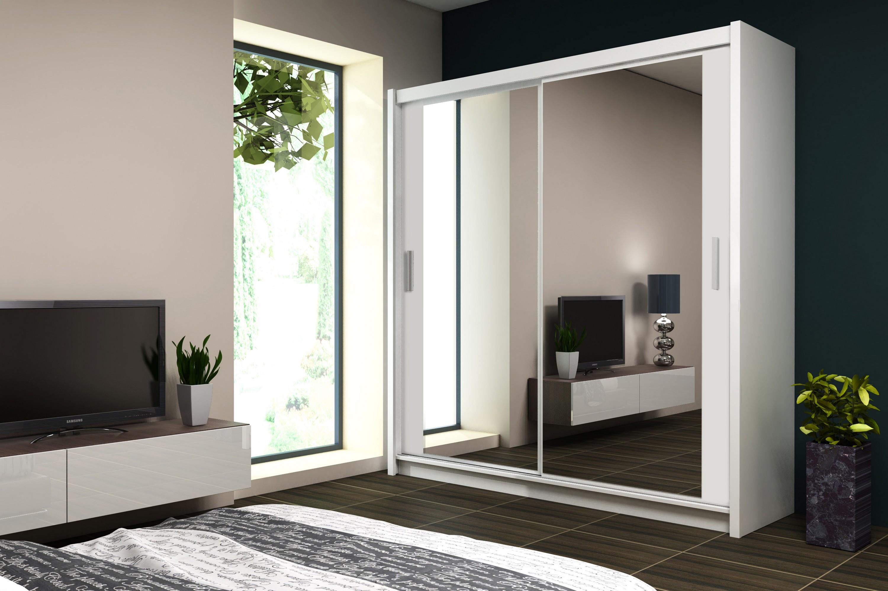 wohnli-moebel-suche-800001499973-1 SCHWEBETÜRENSCHRANK NAMI 203/215/61 cm 2-türig mit Spiegel Weiß Holzwerkstoff MASSENO Möbel > Schränke > Kleiderschränke > Schwebetürenschränke Weiß