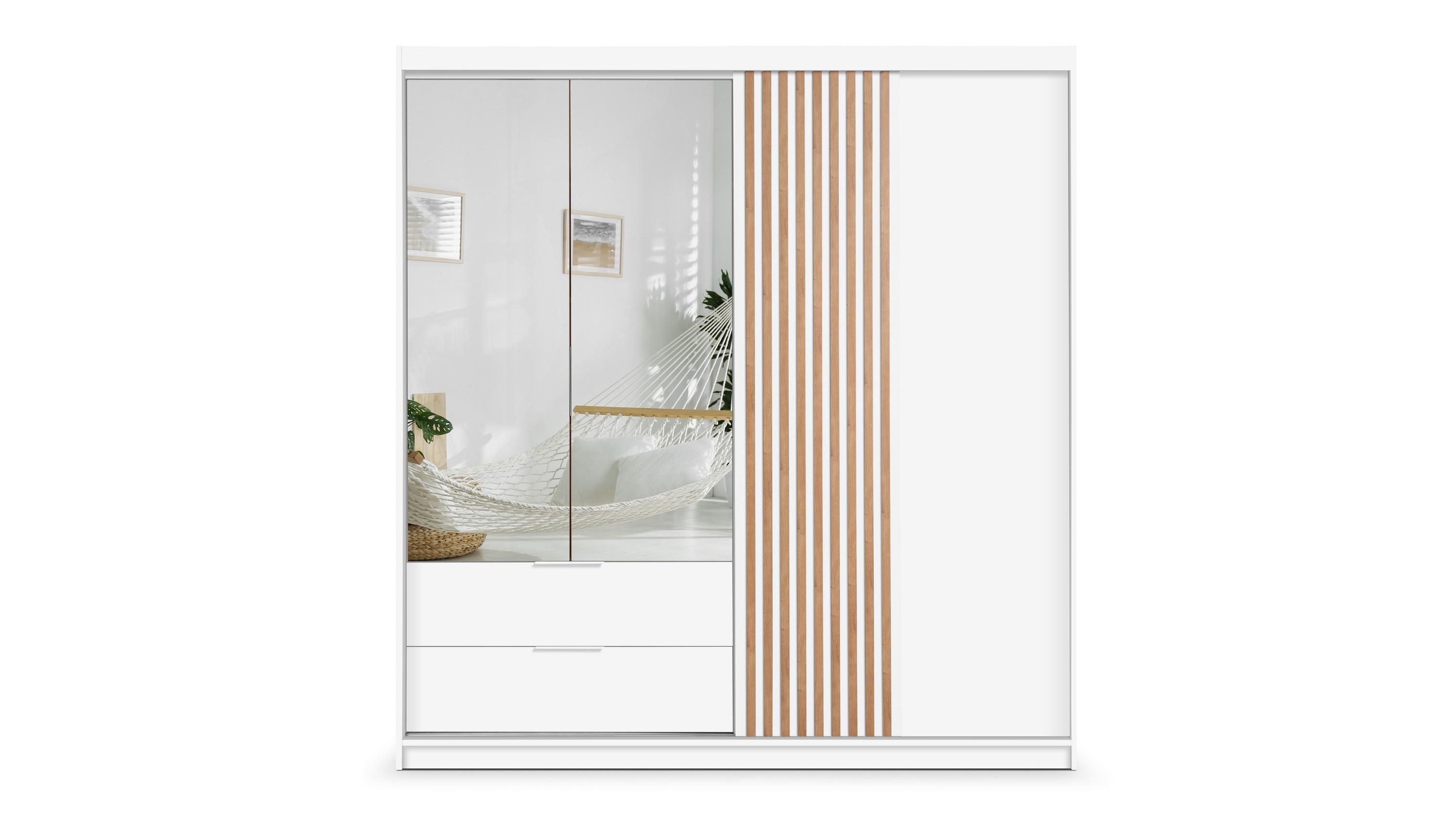 Wohnli Möbelsuche - DREHTÜRENSCHRANK AKALI 203/213/60 cm 3-türig mit Spiegel Weiß