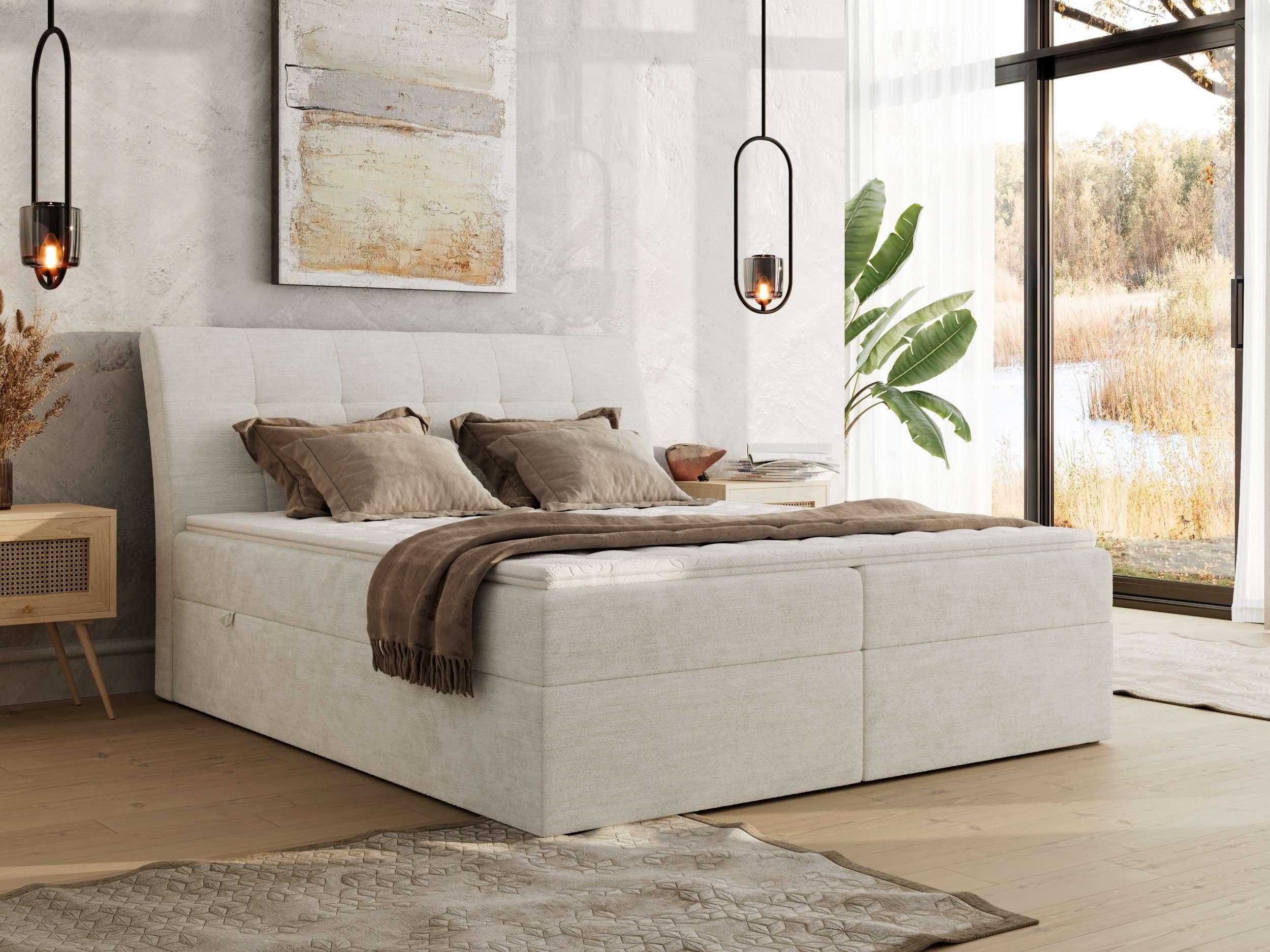 BOXBETT DAGOS 120/200 - Creme Schenille glatt - H4 - Topper T25 Textil MKS Möbel > Betten > Boxspringbetten Weiß