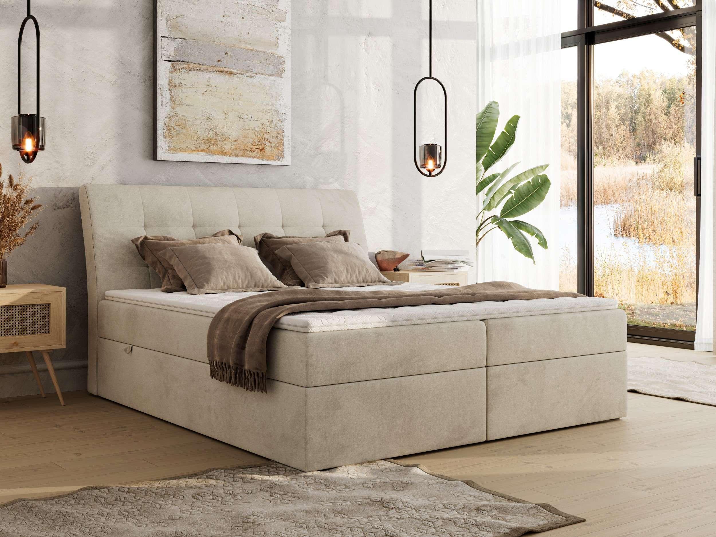 BOXBETT DAGOS 160/200 - Beige Velvet - H4 - Topper Visco Textil MKS Möbel > Betten > Boxspringbetten Beige