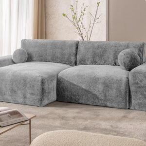 ECKSOFA Puffy mit Schlaffunktion und Bettkasten - besonders weich und puffig aus Hellgrau Stoff mit Chenillestruktur - Ottomane links Holz, Textil S-Style Möbel Möbel > Sofas & Couches > Wohnlandschaften > Ecksofas Grau