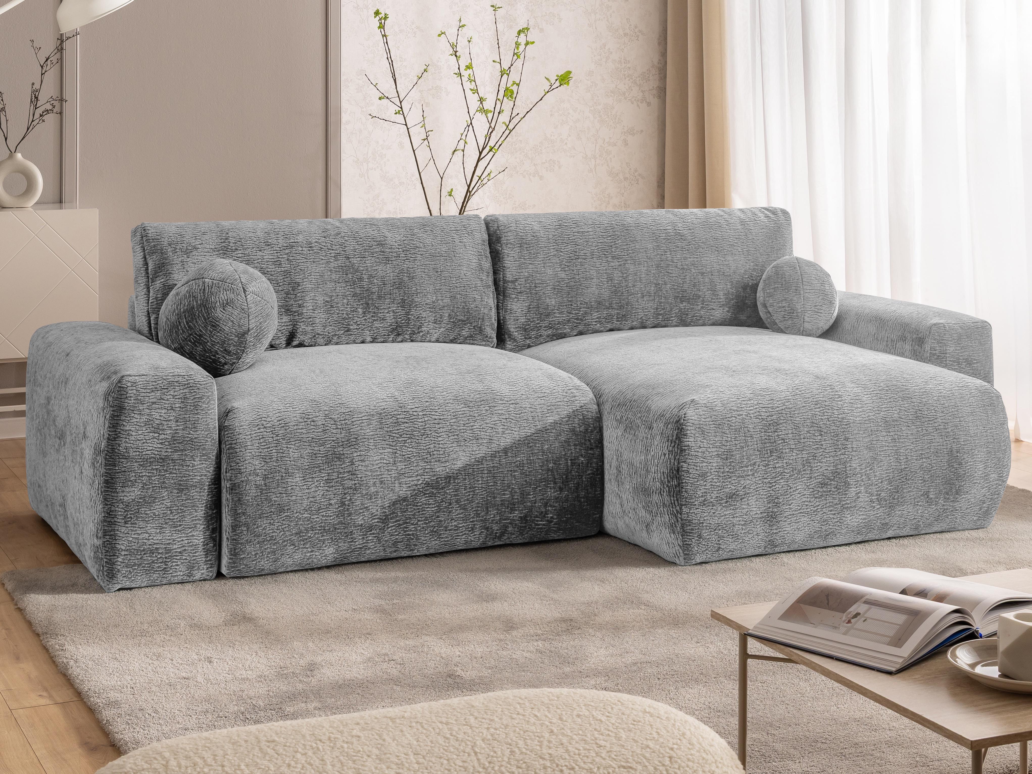 ECKSOFA Puffy mit Schlaffunktion und Bettkasten - besonders weich und puffig aus Hellgrau Stoff mit Chenillestruktur - Ottomane rechts Holz, Textil S-Style Möbel Möbel > Sofas & Couches > Wohnlandschaften > Ecksofas Grau