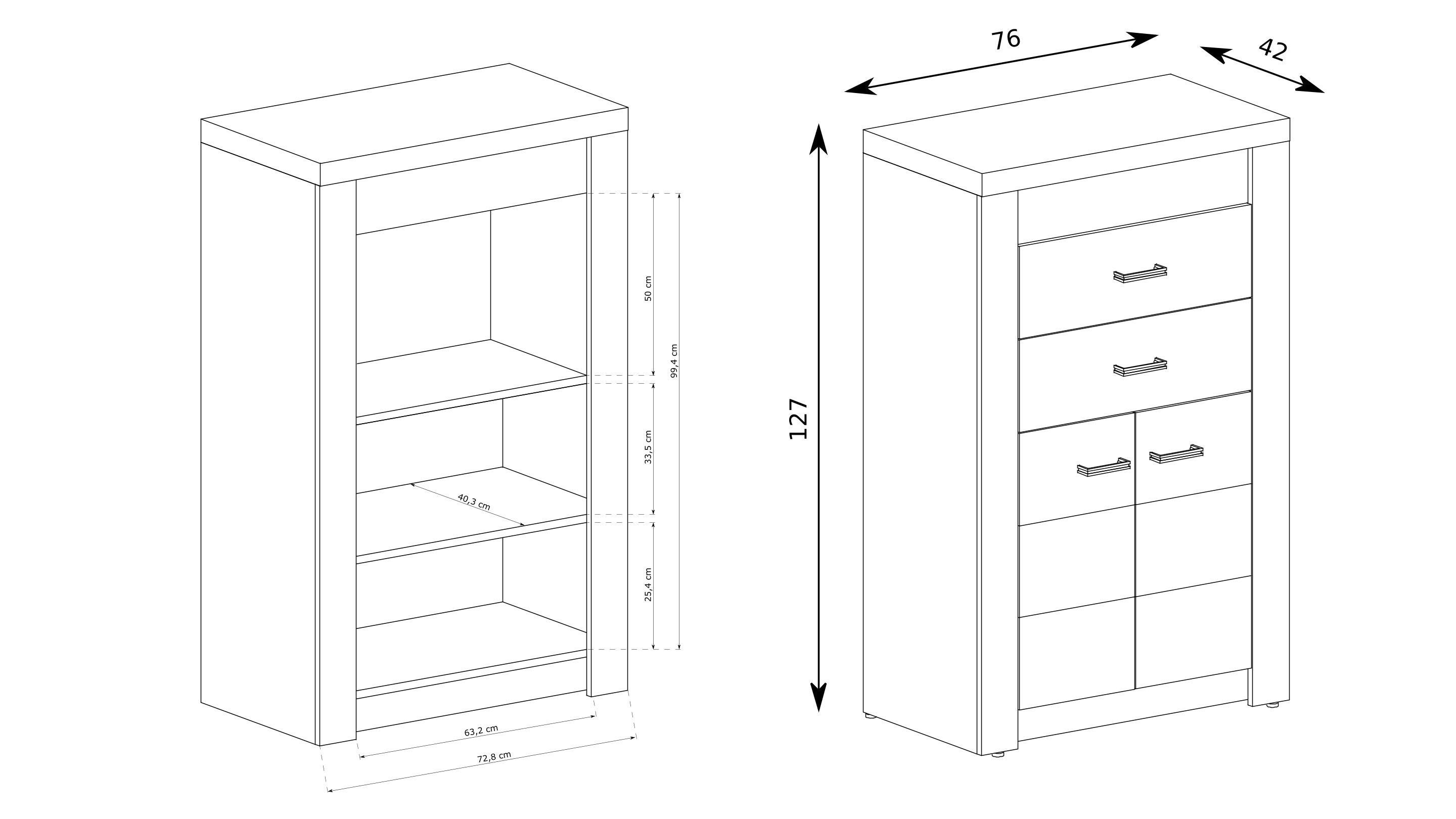 KOMMODE ZERI 76/127/42cm mit 2 Schubladen 2 Türen Braun Holzwerkstoff MASSENO Möbel > Kommoden & Schubladenschränke > Kommoden Braun