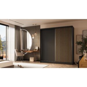 wohnli-moebel-suche-800001525661-1 SCHWEBETÜRENSCHRANK Helios II 200/216/61 schwarz+eiche Artisan mit Schubladen Holzwerkstoff Beautysofa Möbel > Schränke > Kleiderschränke > Schwebetürenschränke Schwarz