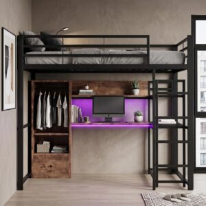HOCHBETT metall schwarz 140x200cm mit schreibtisch led Holzwerkstoff Urban Meuble Möbel > Betten > Hoch- und Etagenbetten > Hochbetten Schwarz