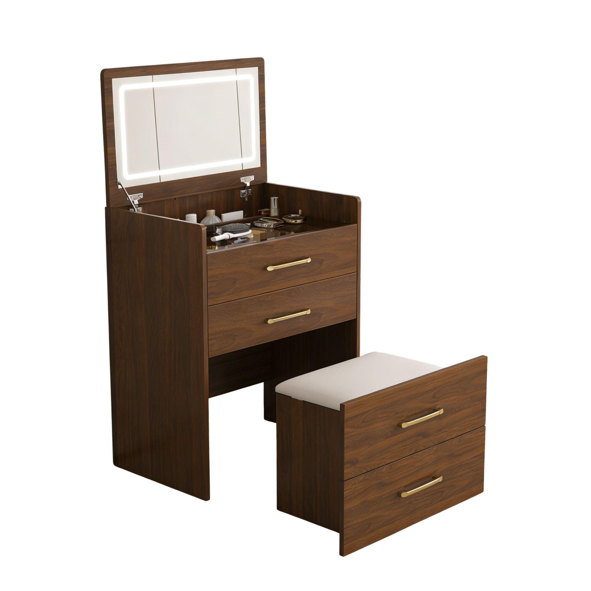 wohnli-moebel-suche-800001538933 Wohnli Möbelsuche - SCHMINKTISCH 3-in-1 Set Walnuss-Optik & Glas mit LED-Klappspiegel & Hocker
