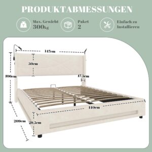 wohnli-moebel-suche-800001539046-1 POLSTERBETT Samt Beige 140x200 cm mit LED Beleuchtung & USB-Ladestation Textil Urban Meuble Möbel > Betten > Polsterbetten Beige