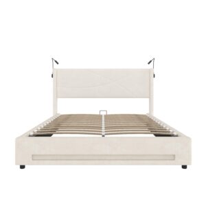 wohnli-moebel-suche-800001539046 Wohnli Möbelsuche - POLSTERBETT Samt Beige 140x200 cm mit LED Beleuchtung & USB-Ladestation