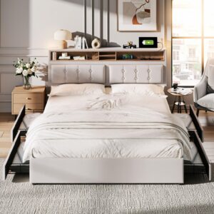 wohnli-moebel-suche-800001539071-1 POLSTERBETT leinen-optik beige 140X200 mit 4 schubladen & integrierter ladestation Textil Urban Meuble Möbel > Betten Beige