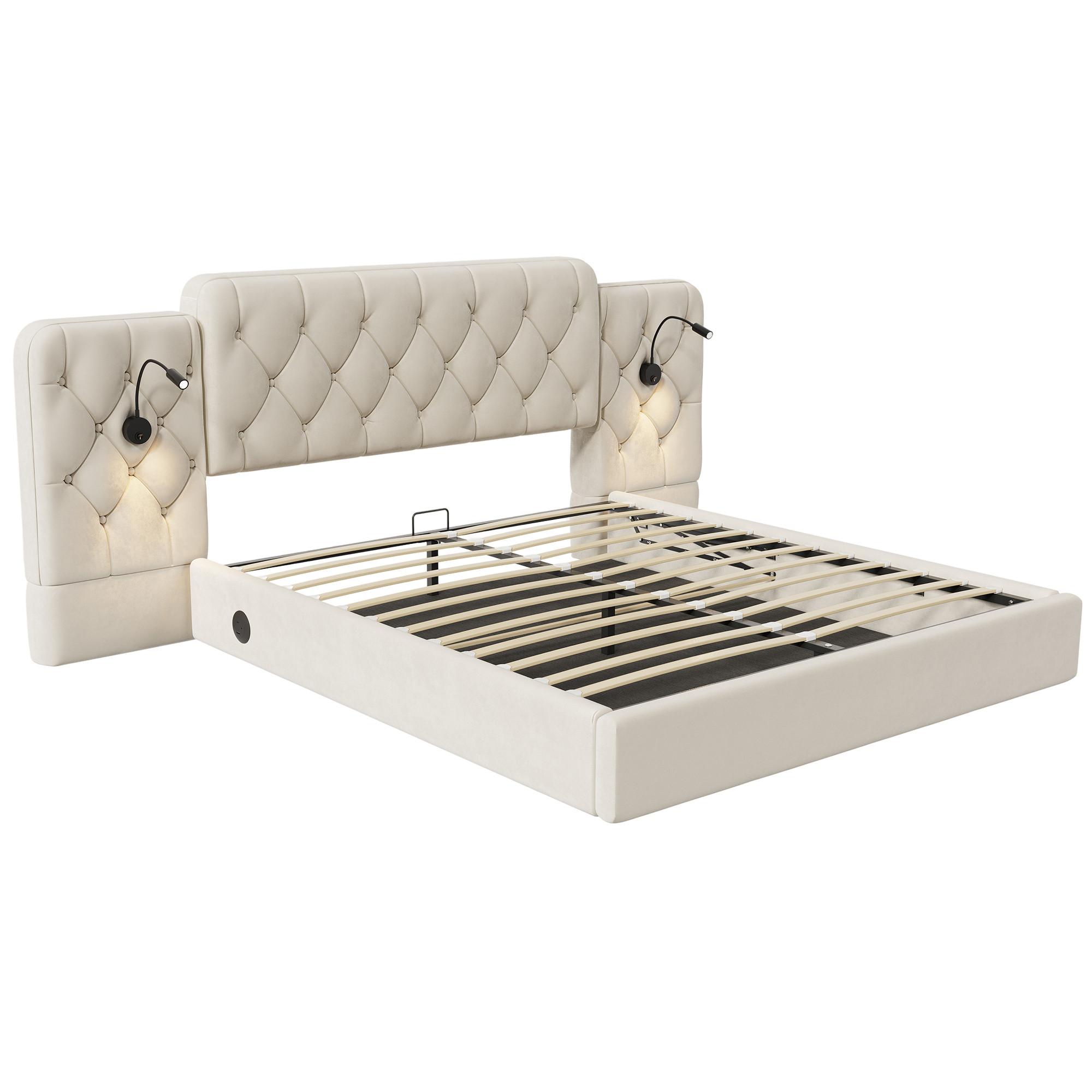 wohnli-moebel-suche-800001539072 Wohnli Möbelsuche - POLSTERBETT Samt Beige 160x200 cm mit LED Leseleuchten & USB-Anschluss