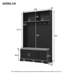 wohnli-moebel-suche-800001539096-1 GARDEROBENSET in Schwarz Mit gepolsterter Schuhbank & 6 goldenen Haken Holzwerkstoff Urban Meuble Garderoben Schwarz