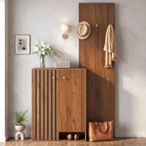 wohnli-moebel-suche-800001539097-1 KOMPAKTGARDEROBE in Walnuss-Optik – mit Schuhschrank & Paneel Holzwerkstoff Urban Meuble Garderoben Braun