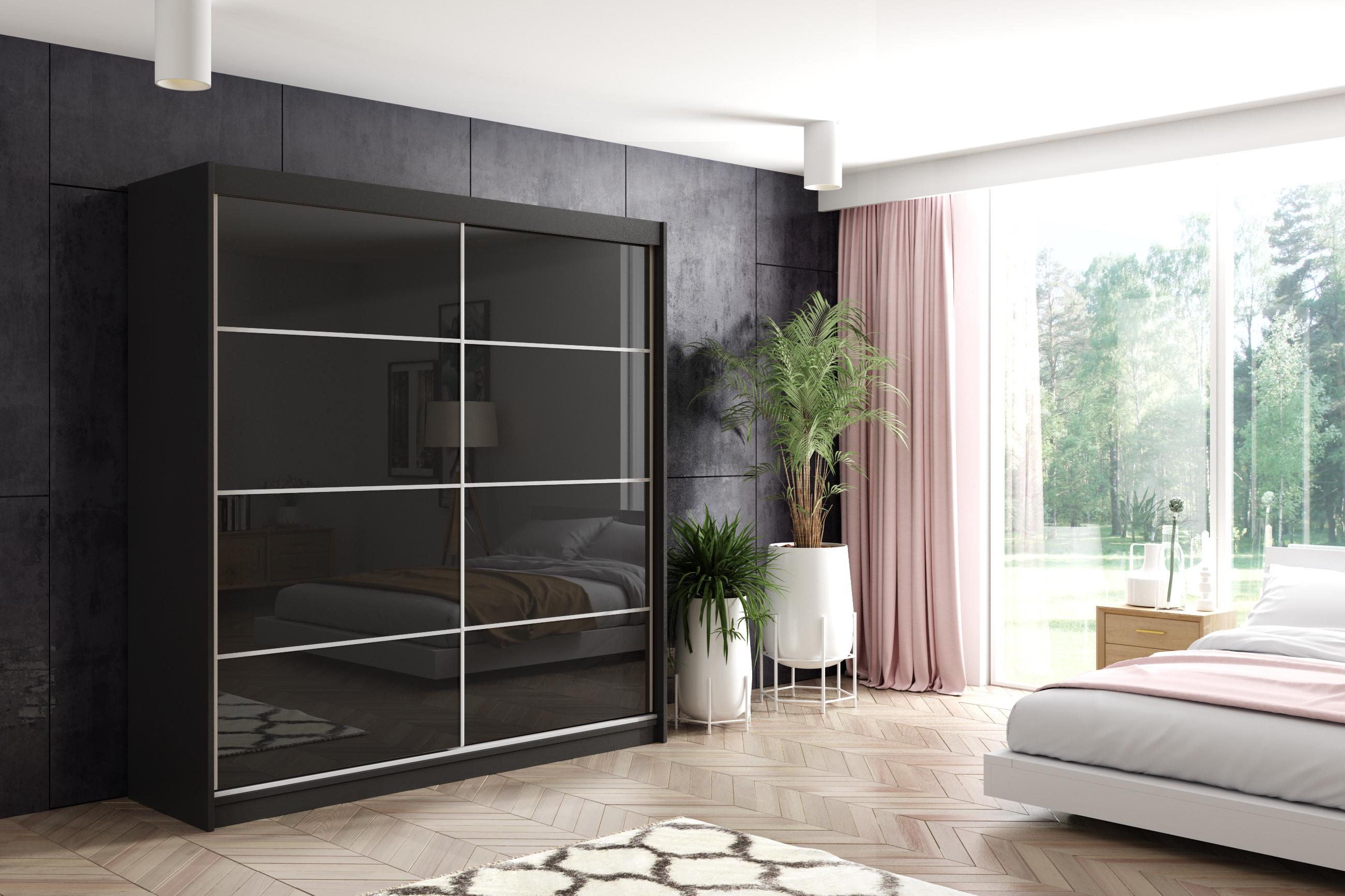 wohnli-moebel-suche-800001553478-1 KLEIDERSCHRANK mit Lacobel-Schiebetüren und Aluminium-Leisten - VIVONA - 200 cm Schwarz Holzwerkstoff ALTDECOR Möbel > Schränke > Kleiderschränke Schwarz