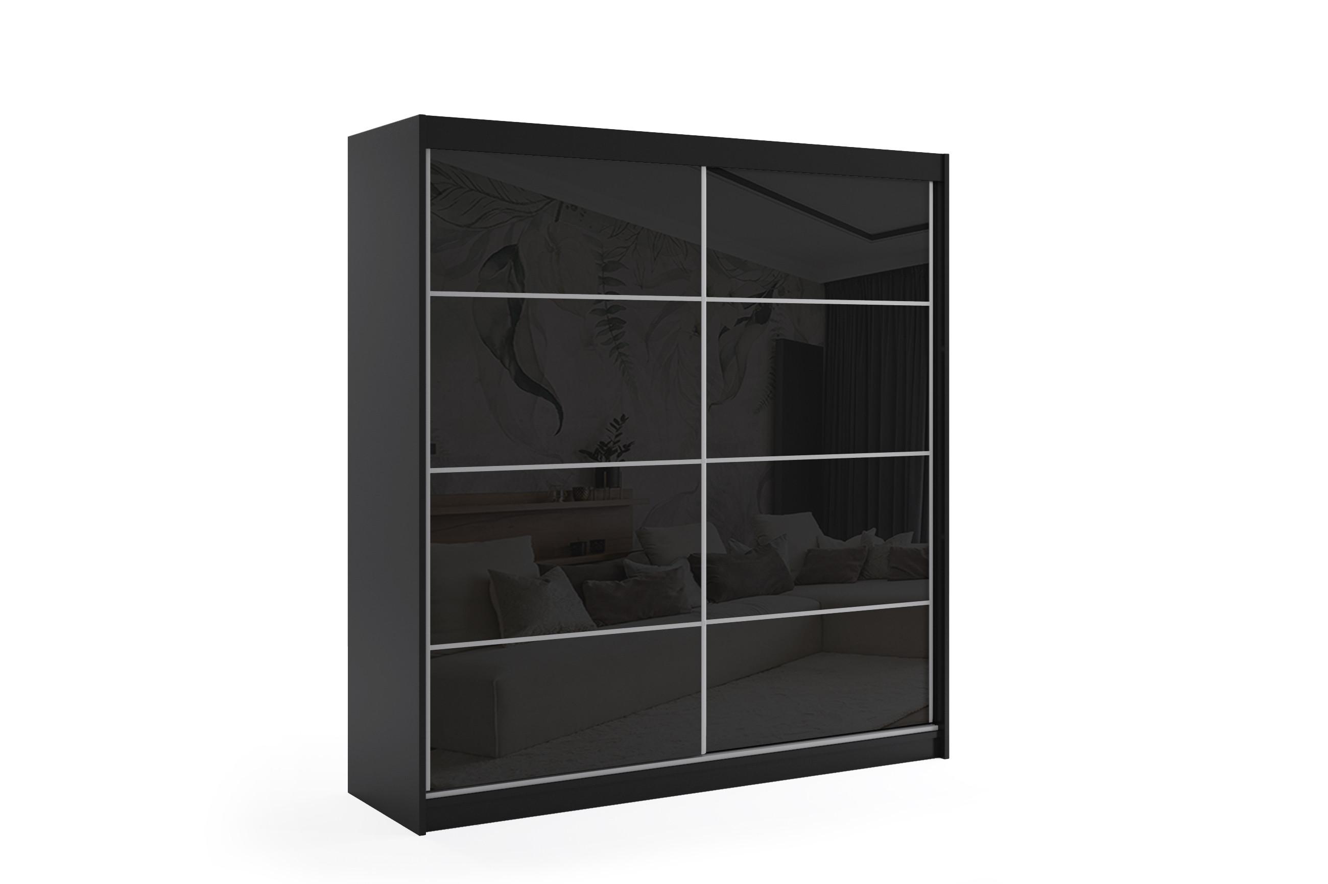 Wohnli Möbelsuche - KLEIDERSCHRANK mit Lacobel-Schiebetüren und Aluminium-Leisten - VIVONA - 200 cm Schwarz