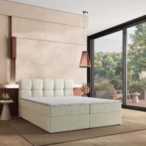 BOXBETT MERU 180x200 cm mit Matratze und Topper - Creme Holz MASSENO Möbel > Betten > Boxspringbetten Weiß