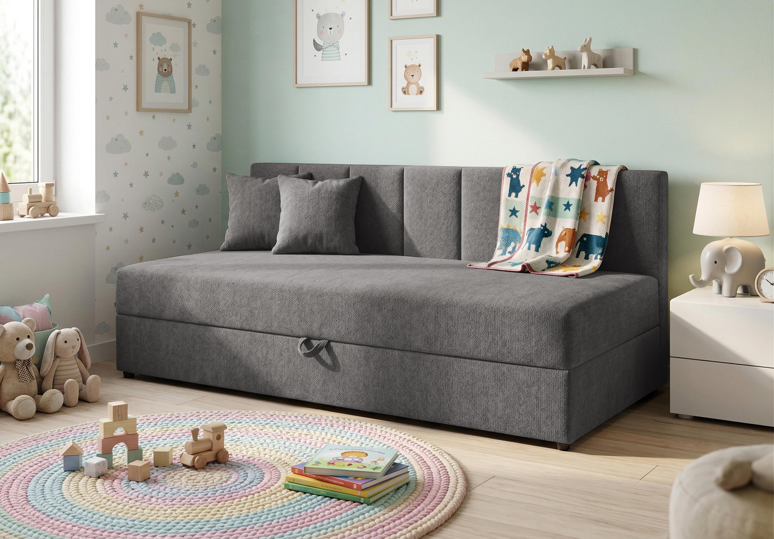 wohnli-moebel-suche-800001594357-1 TAGESBETT Lenny mit Rückenlehne und großem Bettkasten aus Grau Chenille-Stoff Textil S-Style Möbel Möbel > Betten > Boxspringbetten Grau