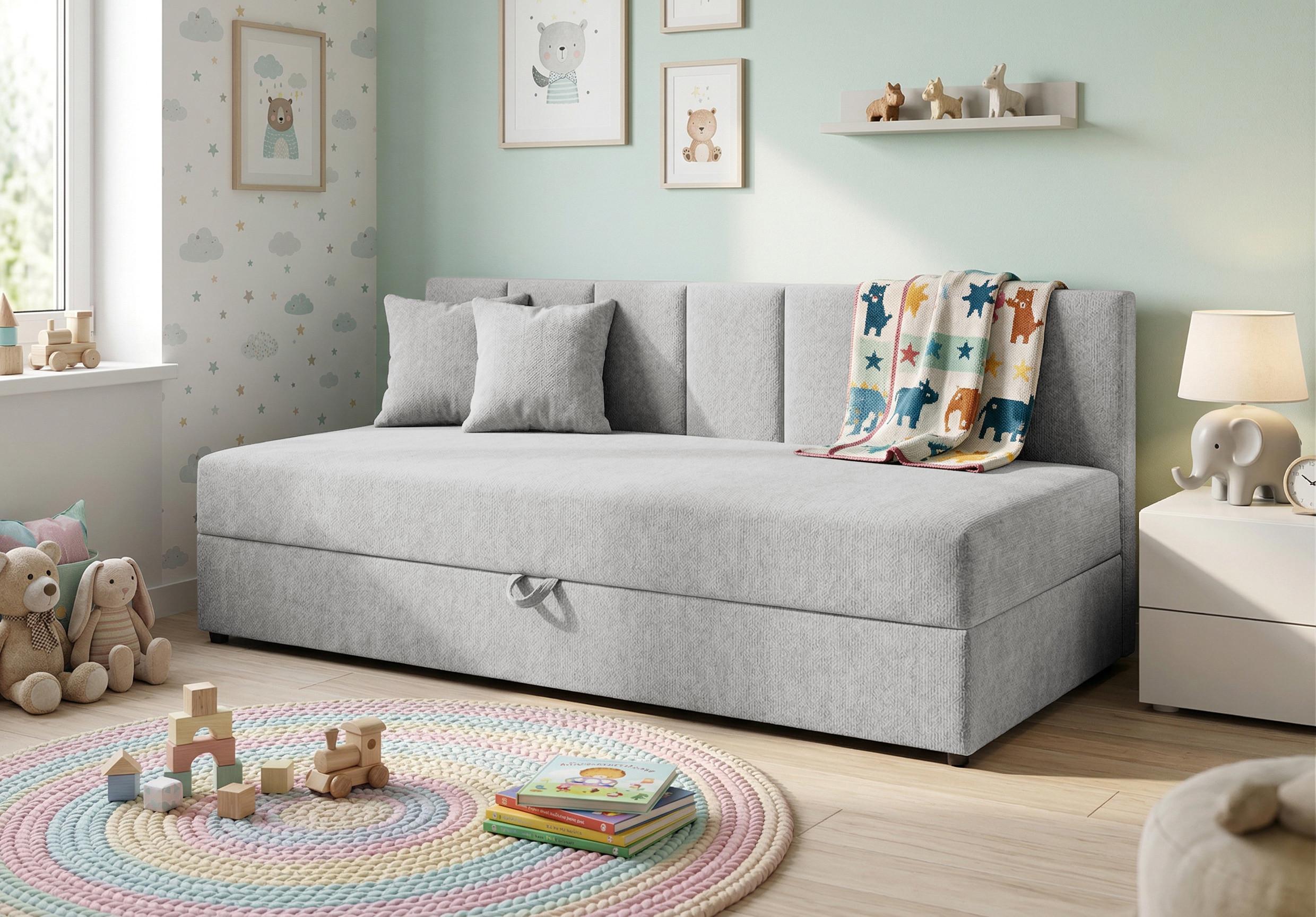 TAGESBETT Lenny mit Rückenlehne und großem Bettkasten aus Hellgrau Chenille-Stoff Textil S-Style Möbel Möbel > Betten > Boxspringbetten Grau
