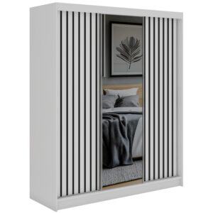 Wohnli Möbelsuche - SCHWEBETÜRENSCHRANK mit Spiegel und Schubladen LAOS - 180 - Weiß - Schwarz Lamellen