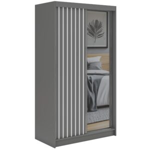 Wohnli Möbelsuche - SCHWEBETÜRENSCHRANK mit Spiegel und Schubladen LAOS - 120 - Grau - Weiß Lamellen