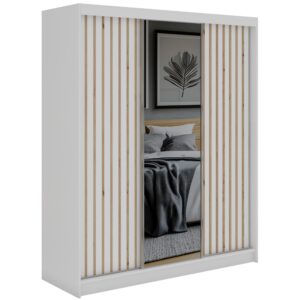Wohnli Möbelsuche - SCHWEBETÜRENSCHRANK mit Spiegel und Schubladen LAOS - 180 - Weiß - Eiche Artisan Lamellen