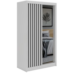Wohnli Möbelsuche - SCHWEBETÜRENSCHRANK mit Spiegel LAOS - 120 - Weiß - Schwarz Lamellen