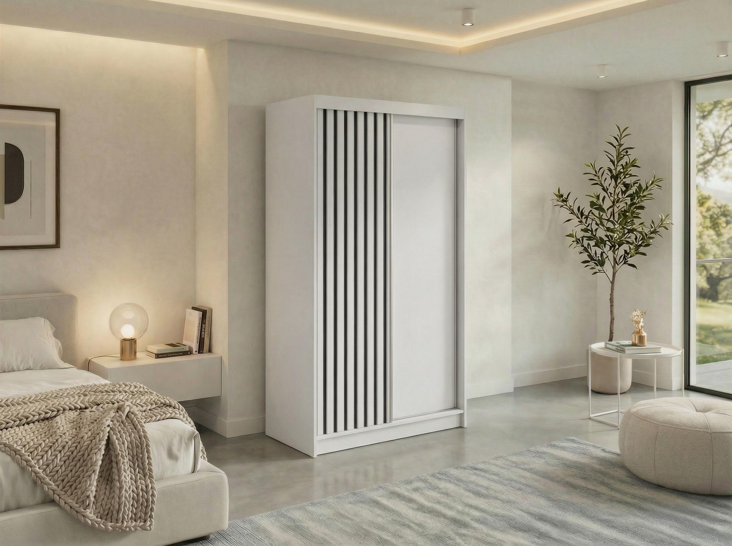 SCHWEBETÜRENSCHRANK mit Lamellen und Schubladen LUMOS - 120 - Weiß und Schwarz Holzwerkstoff MKS Möbel > Schränke > Kleiderschränke > Schwebetürenschränke Weiß