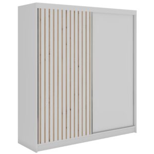 Wohnli Möbelsuche - SCHWEBETÜRENSCHRANK mit Lamellen und Schubladen LUMOS - 200 - Weiß und Eiche Artisan