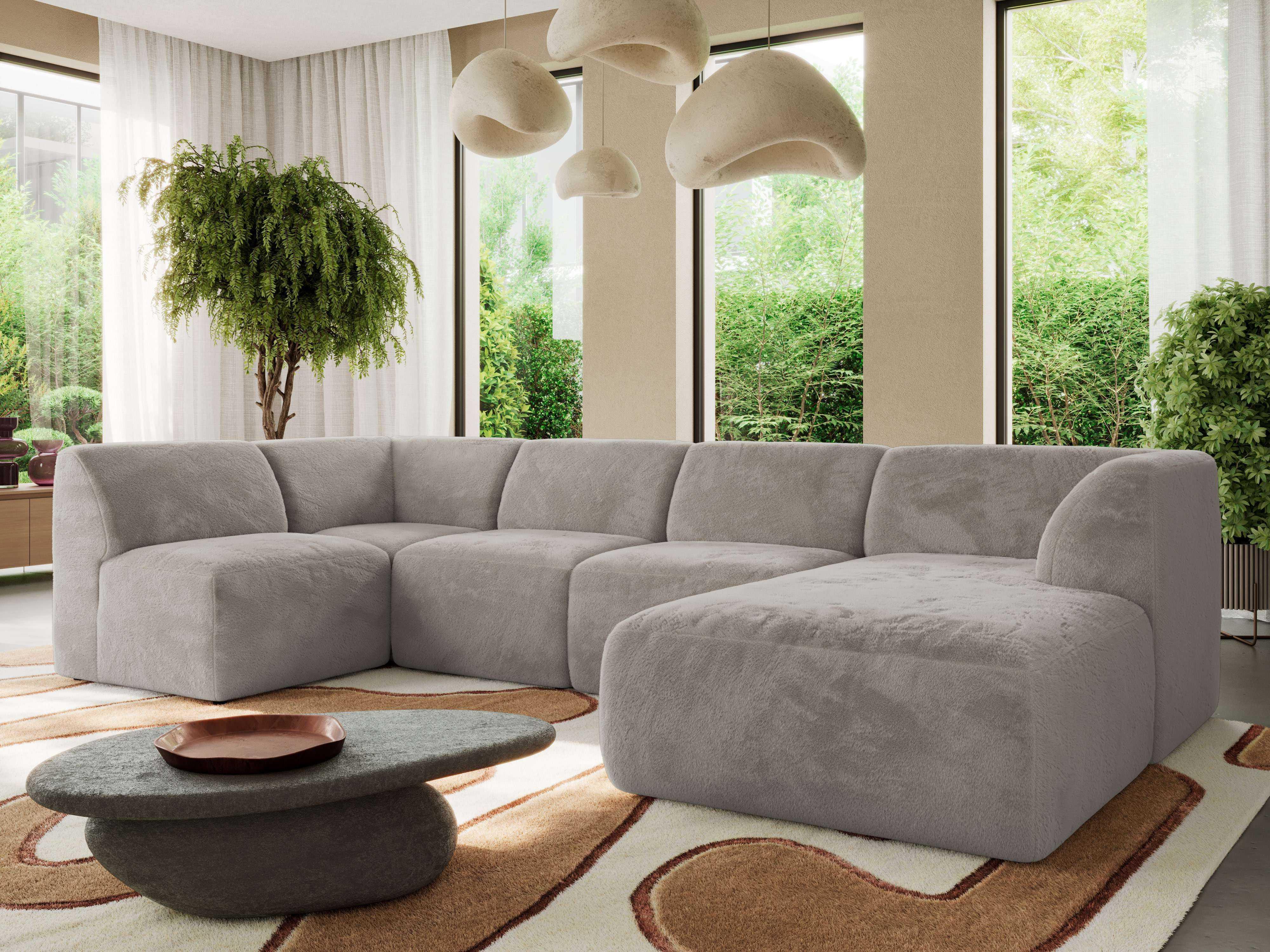WOHNLANDSCHAFT MODARO U 5M - Hellgrau Plüsch - Rechts Textil MKS Möbel > Sofas & Couches > Wohnlandschaften > Wohnlandschaften U-Form Grau