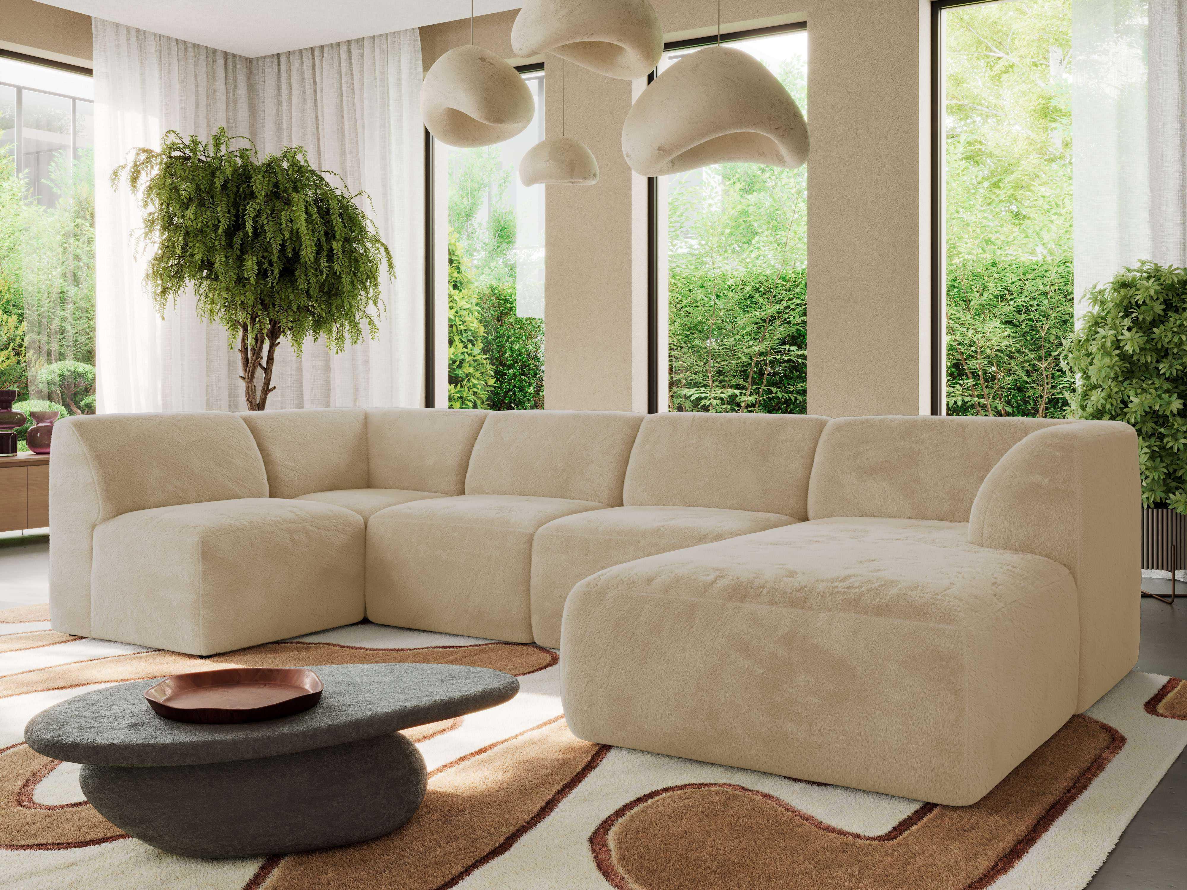 WOHNLANDSCHAFT MODARO U 5M - Creme Plüsch - Rechts Textil MKS Möbel > Sofas & Couches > Wohnlandschaften > Wohnlandschaften U-Form Weiß