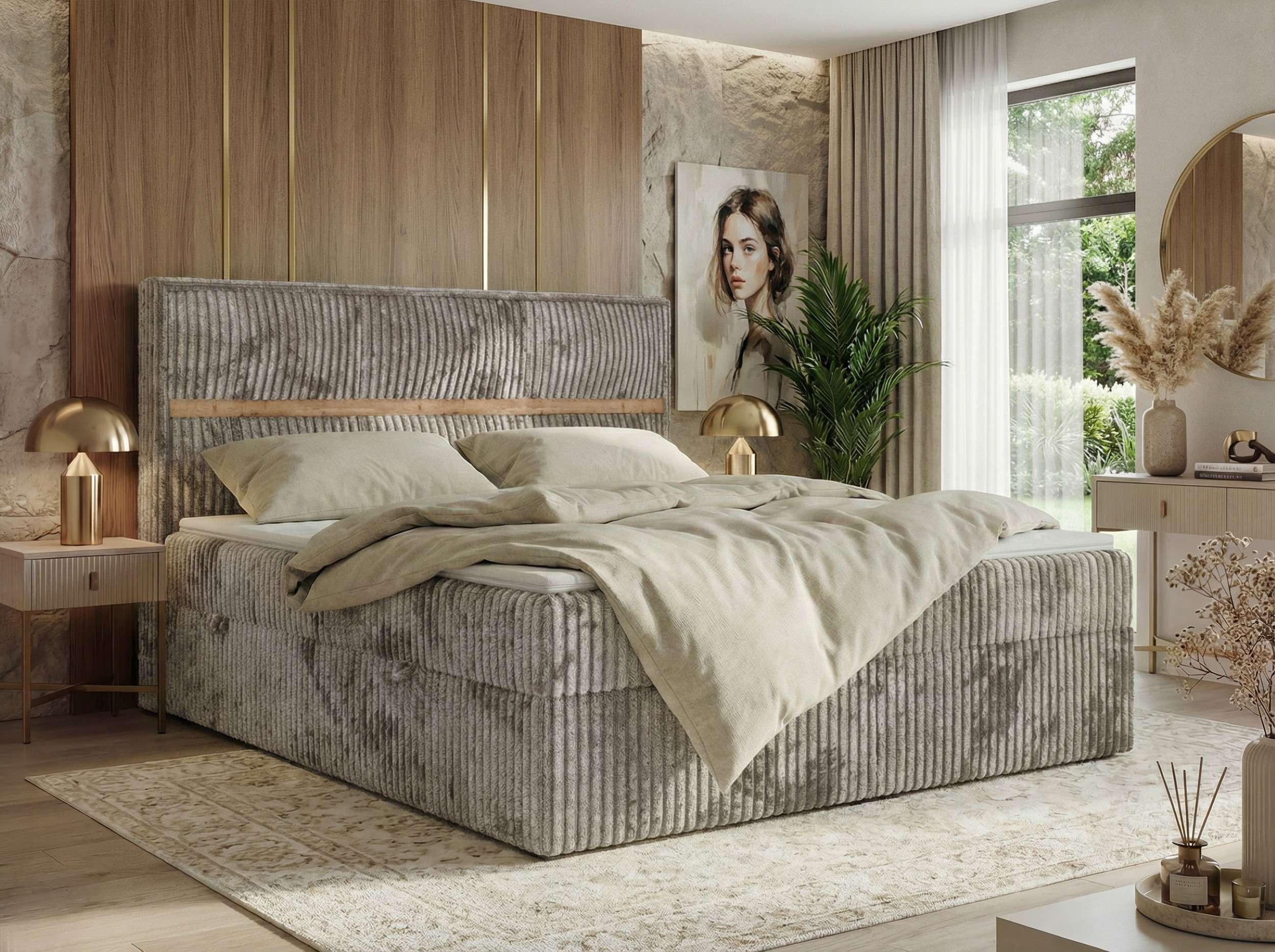 BOXSPRINGBETT ORVO 180/200 - Hellbraun Cord - Topper T25 - H4 Textil MKS Möbel > Betten > Boxspringbetten Braun