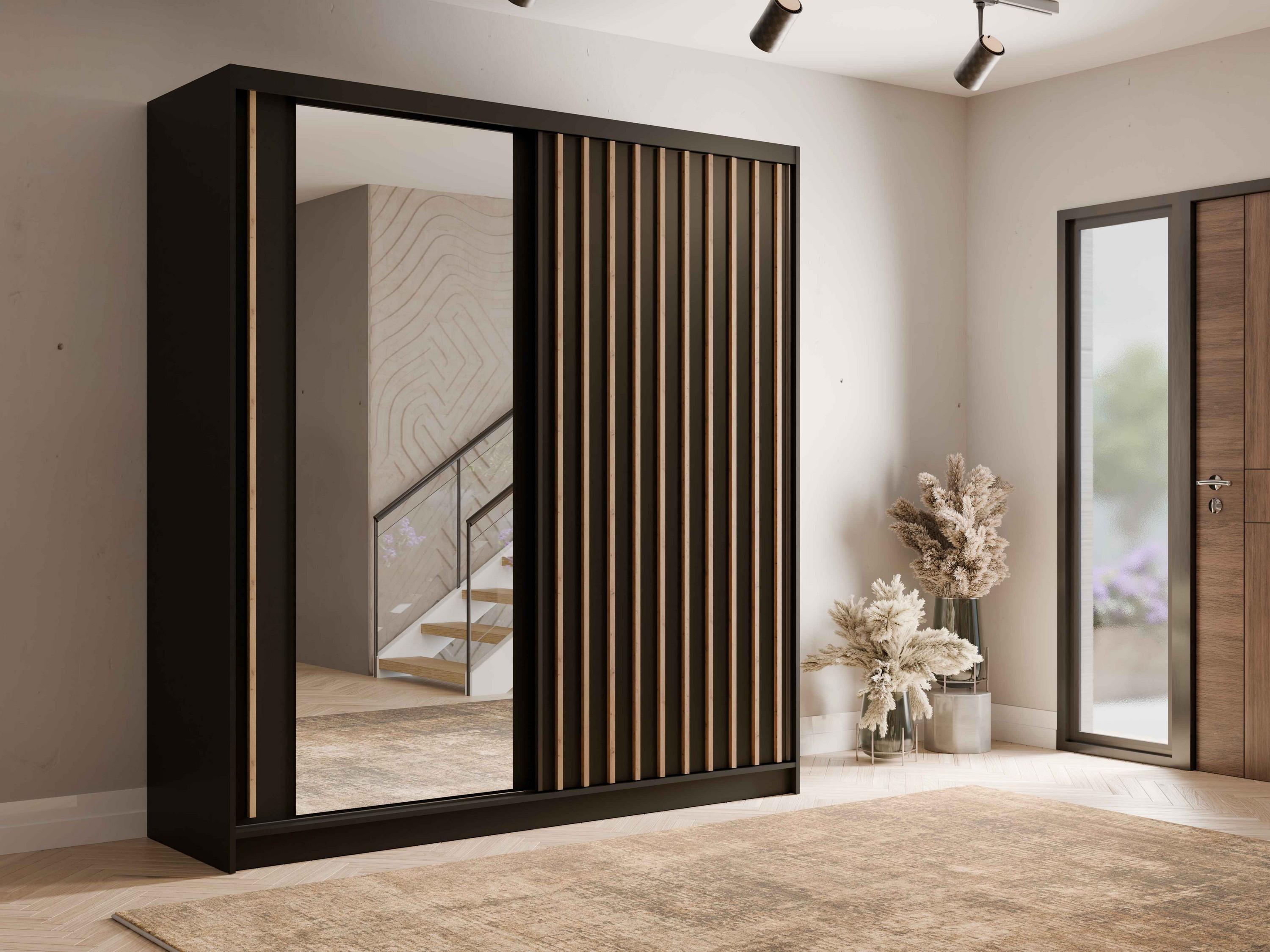 wohnli-moebel-suche-800001609819-1 SCHWEBETÜRENSCHRANK VEYDAR 205/215/62cm 2-türig mit Spiegel Grau Holzwerkstoff MASSENO Möbel > Schränke > Kleiderschränke > Schwebetürenschränke Grau