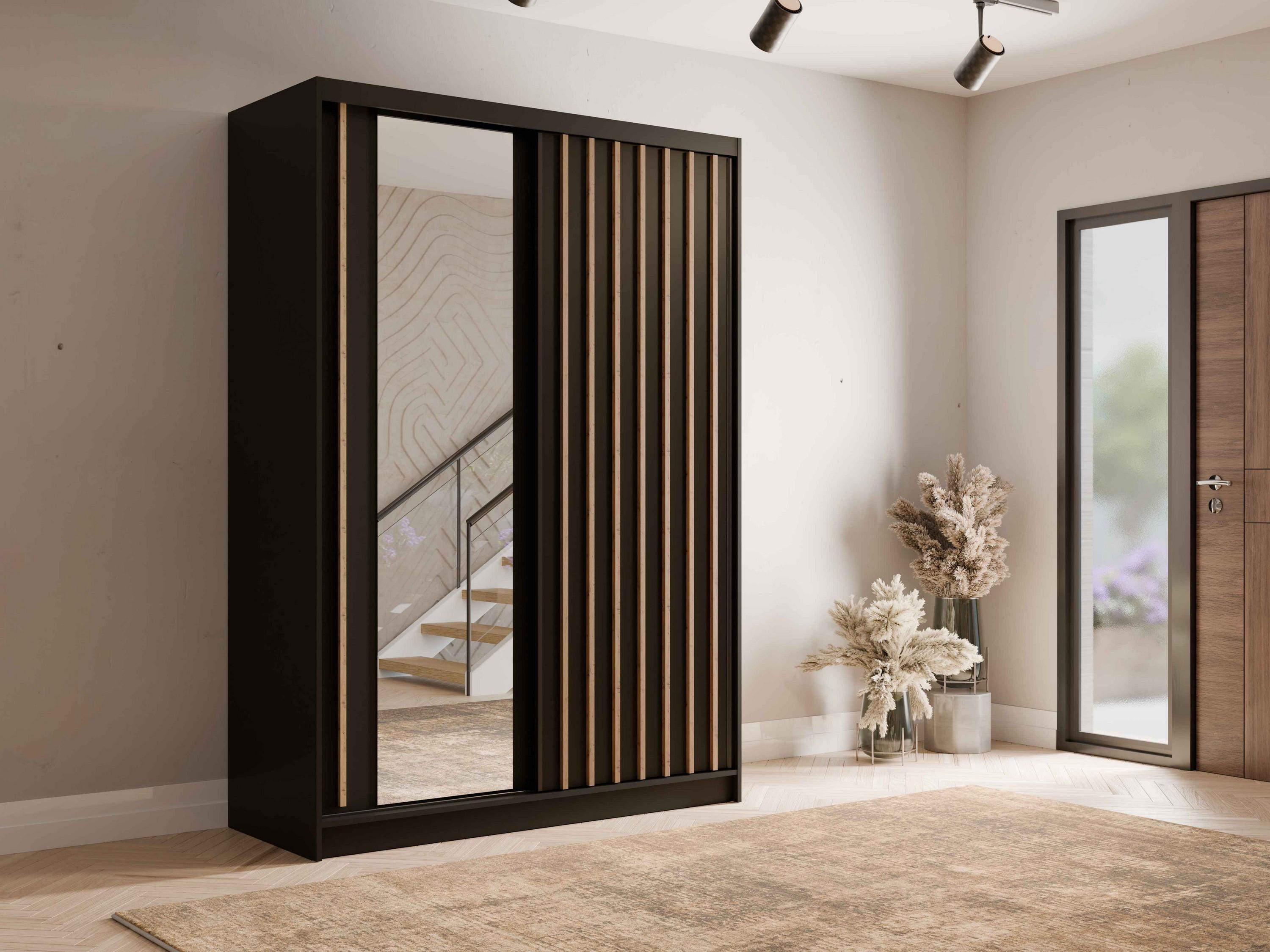 wohnli-moebel-suche-800001609832-1 SCHWEBETÜRENSCHRANK VEYDAR 155/215/62cm 2-türig mit Spiegel Grau Holzwerkstoff MASSENO Möbel > Schränke > Kleiderschränke > Schwebetürenschränke Grau