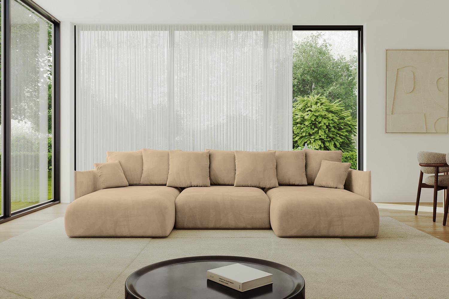 WOHNLANDSCHAFT mit Schlaffunktion und Bettkasten ONESK-U 317x177x72 Beige Velours Textil ALTDECOR Möbel > Sofas & Couches > Wohnlandschaften > Wohnlandschaften U-Form Beige