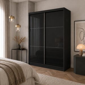 wohnli-moebel-suche-800001618244-1 SCHWEBETÜRENSCHRANK Viva 160/216/61 Schwarz mit Lacobel-Glas Holzwerkstoff Beautysofa Möbel > Schränke > Kleiderschränke > Schwebetürenschränke Schwarz
