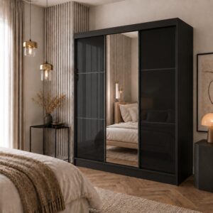 SCHWEBETÜRENSCHRANK Viva 180/216/61 Schwarz mit Lacobel-Glas Holzwerkstoff Beautysofa Möbel > Schränke > Kleiderschränke > Schwebetürenschränke Schwarz