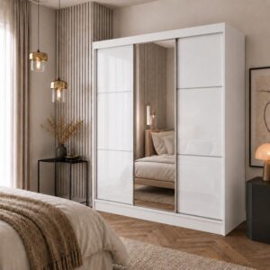 SCHWEBETÜRENSCHRANK Viva 180/216/61 Weiß mit Lacobel-Glas Holzwerkstoff Beautysofa Möbel > Schränke > Kleiderschränke > Schwebetürenschränke Weiß
