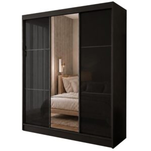 wohnli-moebel-suche-800001618353 Wohnli Möbelsuche - SCHWEBETÜRENSCHRANK Viva 180/216/61 Schwarz mit Lacobel-Glas und Schubladeneinsätze