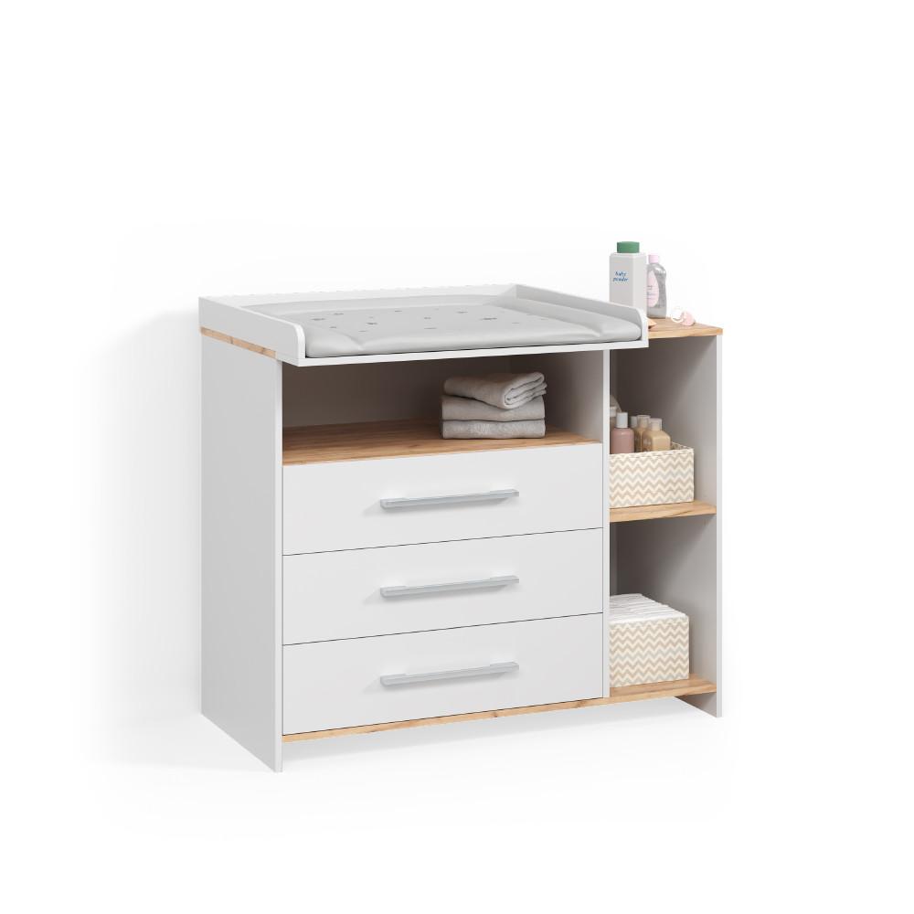 wohnli-moebel-suche-800001620216 Wohnli Möbelsuche - WICKELKOMMODE Torino Weiß/Goldkraft Eiche mit 3 Schubladen